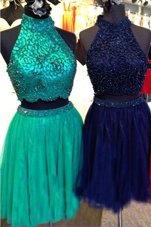 Designer Turquoise A-line Beading Cocktail Dresses Zipper Tulle Sleeveless Knee Length