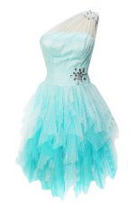 Sumptuous Tulle One Shoulder Sleeveless Side Zipper Beading Evening Dress in Aqua Blue