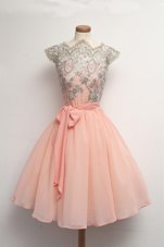 Scalloped Appliques Party Dress Peach Zipper Cap Sleeves Knee Length