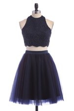 High Class Halter Top Sleeveless Tulle Knee Length Zipper Casual Dresses in Navy Blue for with Appliques