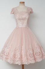 Baby Pink Tulle Zipper Square Cap Sleeves Tea Length Prom Party Dress Lace