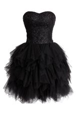 Black Sleeveless Knee Length Beading and Sequins Lace Up Prom Party Dress