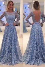 Scoop Long Sleeves Lace Sweep Train Backless Dress for Prom in Blue for with Lace