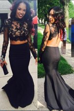 Mermaid Black Prom Dress Prom and For with Appliques Scoop Long Sleeves Sweep Train Zipper