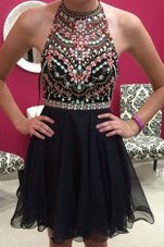 Halter Top Sleeveless Prom Dress Mini Length Beading Black Chiffon