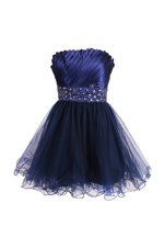 Knee Length Navy Blue Prom Dress Satin and Tulle Sleeveless Beading and Sashes|ribbons