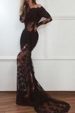 Wonderful Mermaid Off the Shoulder With Train Zipper Prom Party Dress Black and In for Prom with Lace Court Train