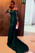 Latest Mermaid Off the Shoulder Dark Green Lace Zipper Prom Evening Gown Long Sleeves Sweep Train Lace