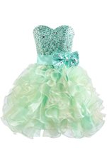 Best Green Ball Gowns Beading and Bowknot Prom Gown Lace Up Organza Sleeveless Knee Length