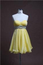 Light Yellow Backless Prom Dress Beading Sleeveless Mini Length