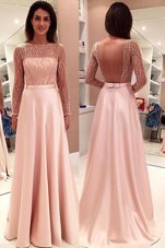 With Train A-line Long Sleeves Pink Prom Party Dress Sweep Train Backless