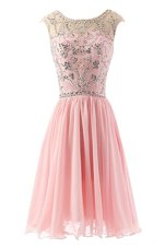 Pink A-line Chiffon Scoop Sleeveless Beading Tea Length Zipper Party Dresses