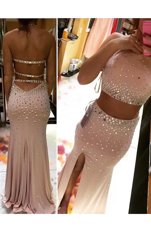 Low Price Pink Prom Dresses Scoop Sleeveless Brush Train Backless