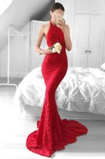 Mermaid Halter Top Backless Prom Gown Red and In for Prom with Lace Sweep Train