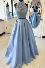 High-neck Sleeveless Criss Cross Prom Evening Gown Light Blue Satin