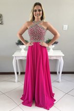 Top Selling Fuchsia Prom and Party and For with Beading Halter Top Sleeveless Sweep Train Zipper