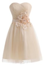 Designer Sleeveless Tulle Knee Length Lace Up Dress for Prom in Champagne for with Beading and Hand Made Flower