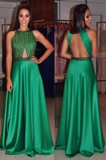 Glittering Scoop Sleeveless Satin Floor Length Backless in Green for with Beading