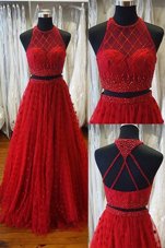 Excellent Scoop A-line Sleeveless Red Prom Gown Sweep Train Backless