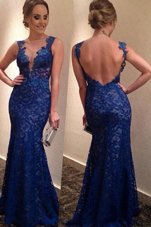 Top Selling Blue Prom Dress Prom and Party and For with Lace V-neck Sleeveless Brush Train Backless