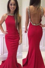 Mermaid Hot Pink Scoop Backless Beading Homecoming Dress Brush Train Sleeveless