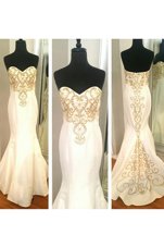 Mermaid White Prom Dresses Prom and Party and For with Beading and Appliques Sweetheart Sleeveless Zipper