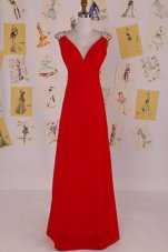 Smart Red V-neck Neckline Beading Evening Dress Sleeveless Backless