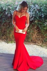 Mermaid Red Sleeveless Sweep Train Ruching With Train Evening Dress