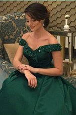 Dark Green Off The Shoulder Zipper Beading Prom Evening Gown Short Sleeves