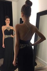 Brush Train Mermaid Homecoming Gowns Black Halter Top Satin Sleeveless With Train Criss Cross