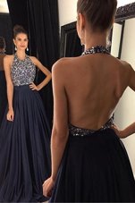 Halter Top Sleeveless Sweep Train Backless With Train Beading Prom Dress