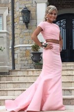 Flare Mermaid Scoop Sleeveless Sweep Train Backless Prom Dresses Rose Pink Satin