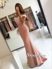 Mermaid Off the Shoulder Appliques Prom Dresses Pink Zipper Sleeveless Sweep Train