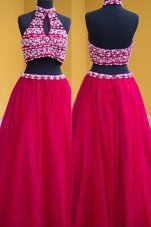 Halter Top Fuchsia Backless Homecoming Dress Beading Sleeveless Floor Length