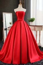 Pleated Red Sleeveless Satin Sweep Train Lace Up Prom Dress for Prom and Party