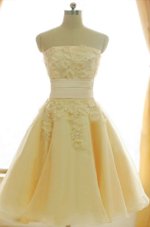 New Style Satin and Chiffon Strapless Sleeveless Zipper Appliques and Hand Made Flower Prom Party Dress in Yellow