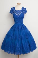 Scalloped Lace Cap Sleeves Knee Length Prom Dress and Lace