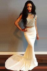 Charming Mermaid Scoop White Cap Sleeves Beading Zipper Dress for Prom