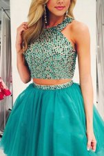 Turquoise Organza Zipper Scoop Sleeveless Knee Length Cocktail Dresses Beading