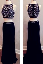 Stunning Black Two Pieces Scoop Sleeveless Elastic Woven Satin With Brush Train Zipper Beading Prom Party Dress