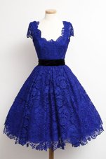 Sweet Scoop Royal Blue Lace Zipper Cap Sleeves Knee Length Lace