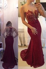 Colorful Mermaid Lace Scoop Sleeveless Sweep Train Zipper Beading and Appliques Hoco Dress in Burgundy