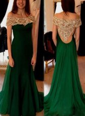 Pleated Dark Green Evening Dress Off The Shoulder Short Sleeves Sweep Train Side Zipper