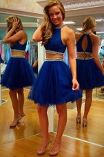 Halter Top Mini Length A-line Sleeveless Royal Blue Club Wear Zipper