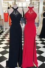 Black Column/Sheath Elastic Woven Satin Scoop Sleeveless Beading and Lace With Train Backless Prom Dress Sweep Train