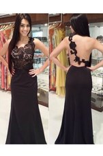 Spectacular Scoop Black Column/Sheath Appliques Prom Evening Gown Backless Lace Sleeveless With Train