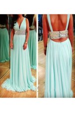 A-line Prom Evening Gown Aqua Blue V-neck Chiffon Sleeveless Floor Length Backless