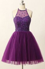 Elegant Scoop Mini Length Zipper Evening Dress Purple and In for Prom and Party with Sequins