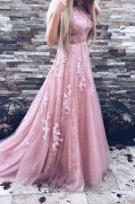 Sweep Train A-line Prom Dresses Pink Scoop Tulle Sleeveless Zipper