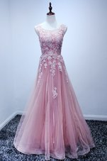 Scoop Sleeveless Floor Length Appliques Lace Up Prom Evening Gown with Pink